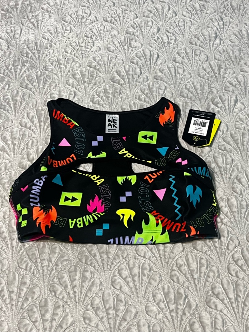 Zumba Fitness Printed Key Hole Multicolor Neon Print Sports Bra Medium NWT
